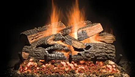 Warm flames crackling on wood logs