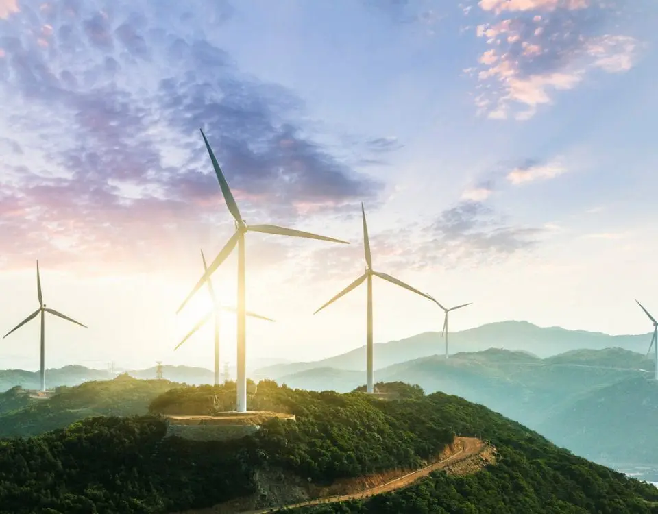 Wind turbines on a mountain at sunrise