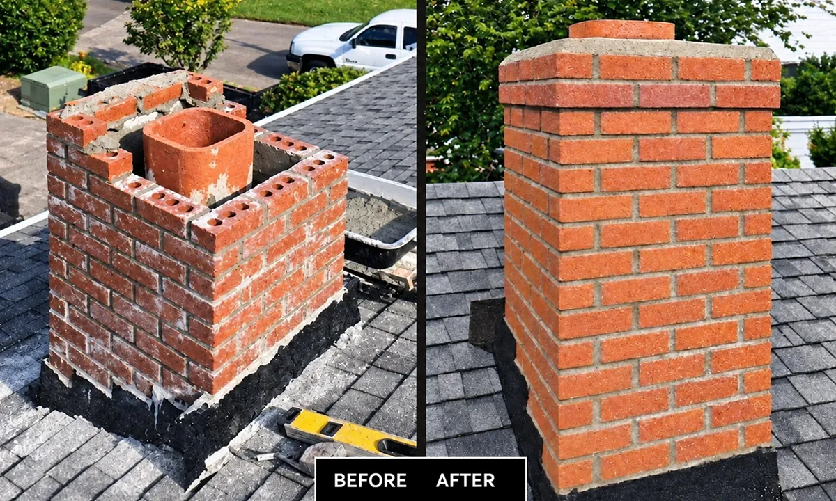 Before and after brick chimney repair on roof