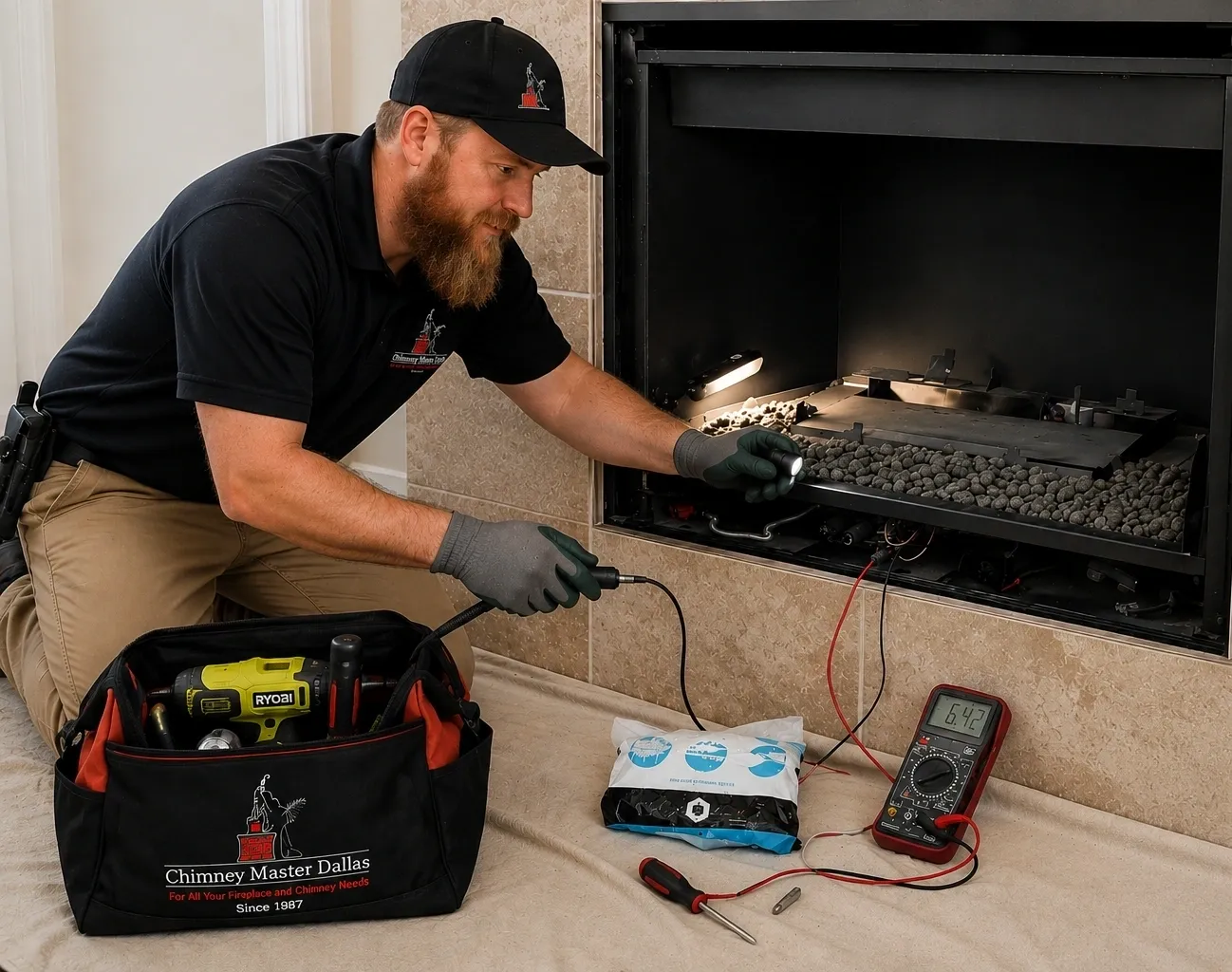 Technician inspecting gas fireplace with multimeter